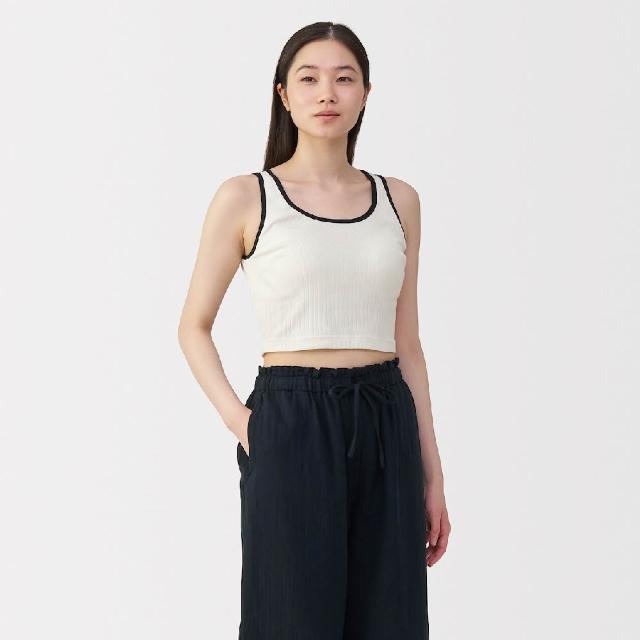 【MUJI 無印良品】女棉混彈性螺紋半截罩杯式坦克背心(柔白/黑色/淡綠/煙燻藍)