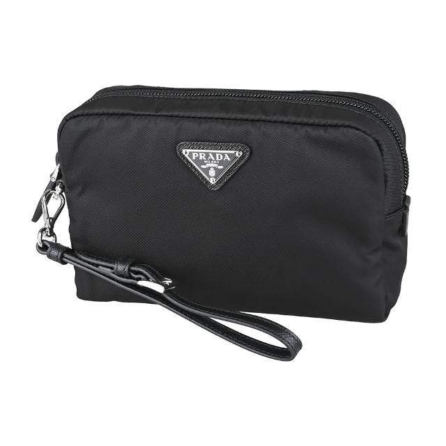 【PRADA 普拉達】PRADA Re-Nylon銀色三角鐵牌LOGO尼龍拉鍊手腕帶化妝包(小/黑)