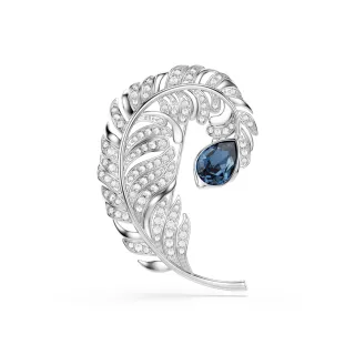 【SWAROVSKI 施華洛世奇】Idyllia 胸針 混合式切割 羽毛 藍色 鍍白金色(情人節禮物)