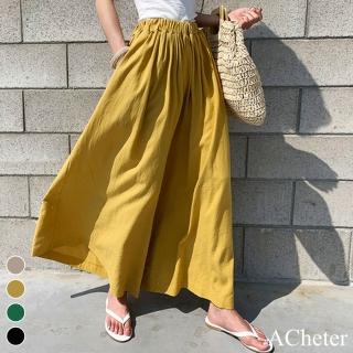 【ACheter】超輕盈冰涼慵懶棉麻鬆緊高腰寬版休閒九分大寬褲 107103(米杏 綠 黃 黑)