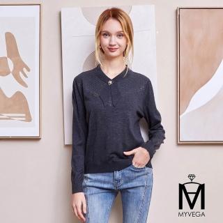 【MYVEGA 麥雪爾】MA羊毛造型領巾燙鑽針織上衣-深灰(通勤風/)