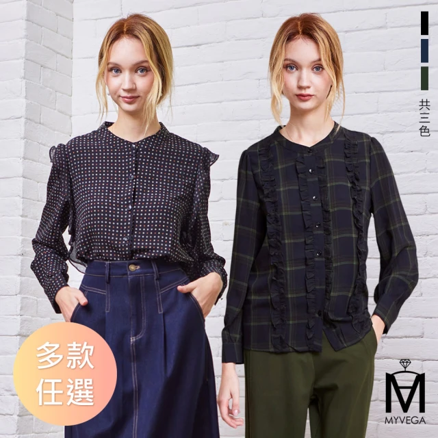 【MYVEGA 麥雪爾】MA印花荷葉邊排釦仿絲質上衣-二款任選(日系/女上衣/雪紡上衣/蕾絲上衣)
