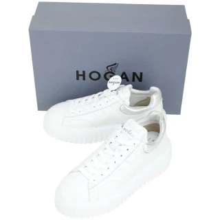 【HOGAN】H-Stripes H標誌縫線納帕皮銀尾繫帶厚底餅乾鞋-女鞋 白色(小白鞋 休閒鞋)
