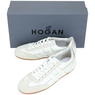 【HOGAN】Olympia H縫線麂皮拼納帕皮革銀尾繫帶運動鞋 小白鞋 女鞋(休閒鞋 運動鞋 繫帶鞋)
