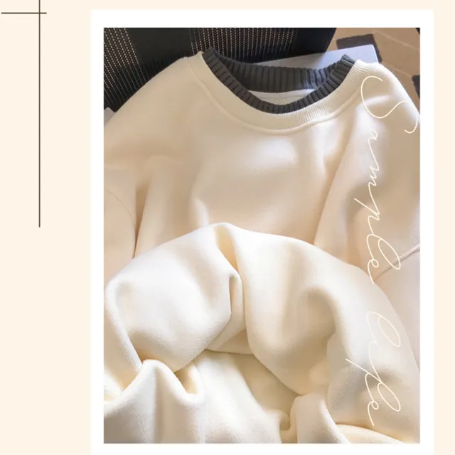 【NVDO】出清品  暖冬加絨保暖撞色圓領上衣-3色可選(M-XL/內加絨刷毛長袖上衣/F005/秋冬款)
