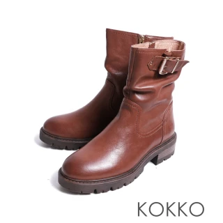 【KOKKO】個性仿舊質感真皮釦環短靴(棕色)