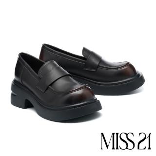 【MISS 21】復古學院風仿舊擦色樂福大頭厚底鞋(咖)