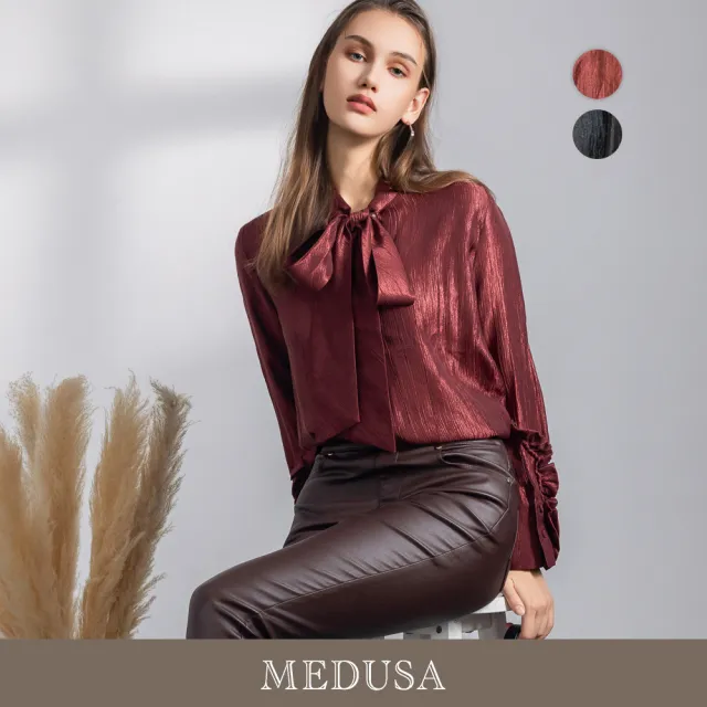 【MEDUSA 曼度莎】現貨-大蝴蝶結金屬光立領襯衫 - 2色(M-XL)|女長袖上衣 長袖襯衫 上班上衣(701-51601)