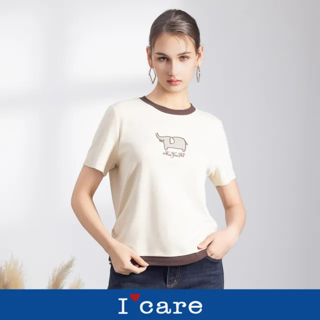 【I’Care 依卡】現貨-撞色小象美式休閒T恤(M-L)|女短袖T恤 女休閒上衣 女短袖上衣(710-56911)