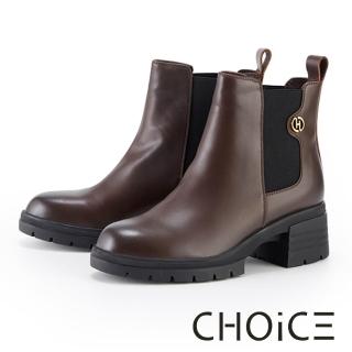 【CHOiCE】經典真皮百搭粗跟短靴(咖啡)