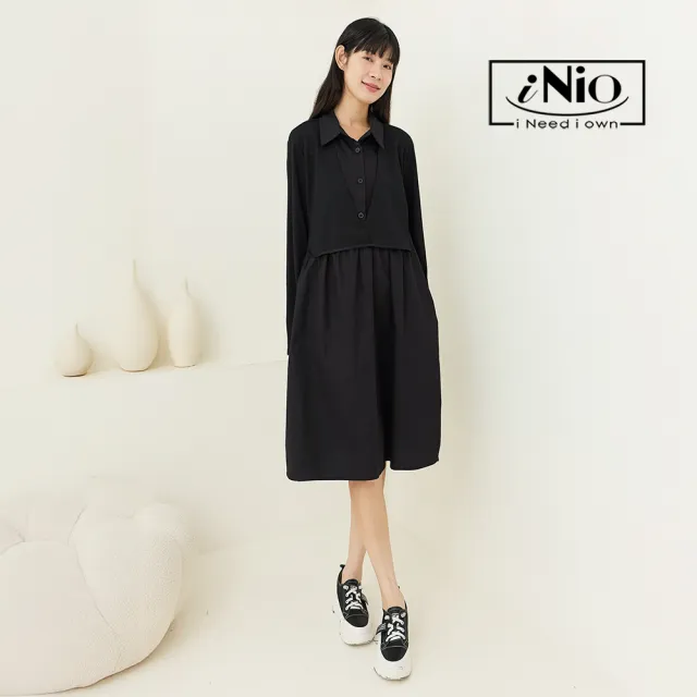 【iNio 衣著美學】長袖洋裝 假兩件 拼接設計 襯衫洋裝 黑色連身裙(CCW3502)