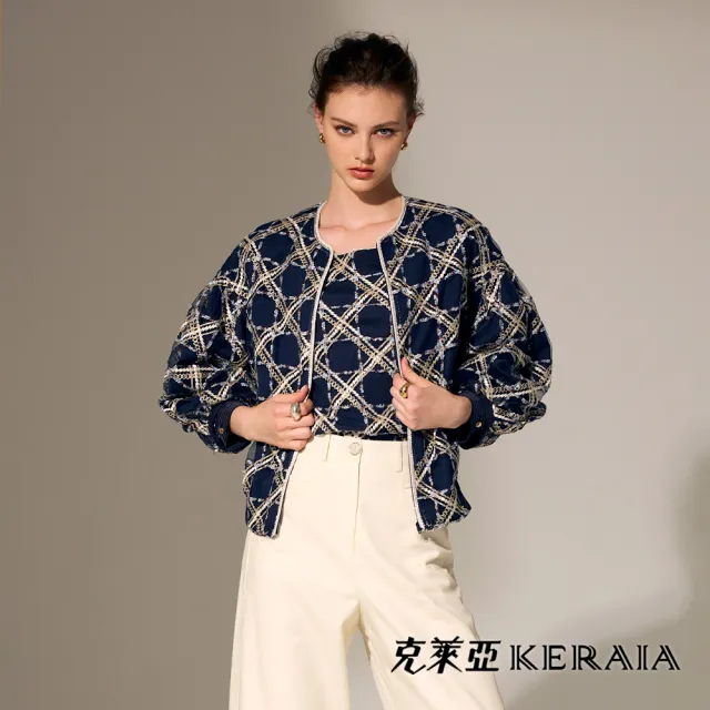 【KERAIA 克萊亞】晚月藍調格紋刺繡上衣