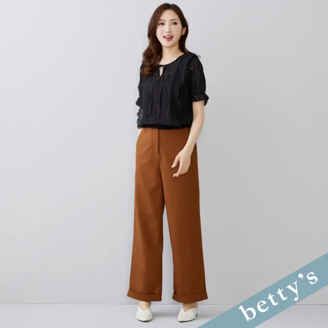 【betty’s 貝蒂思】出清品  腰頭刺繡素面反摺長褲(駝色)