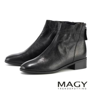 【MAGY】腳後拉鍊羊皮素面低跟短靴(黑色)