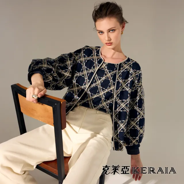 【KERAIA 克萊亞】晚月藍調格紋刺繡外套