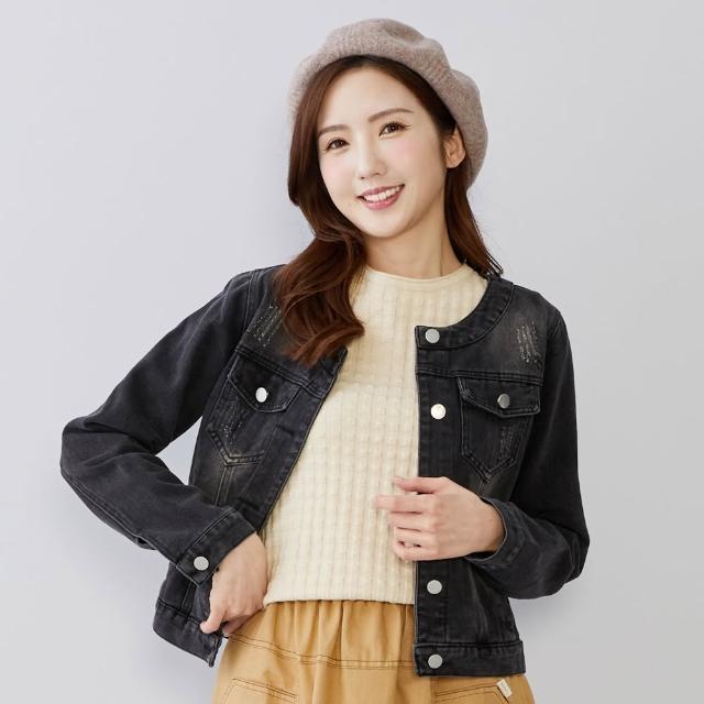 【betty’s 貝蒂思】出清品  刷破抓痕圓領牛仔外套(黑色)