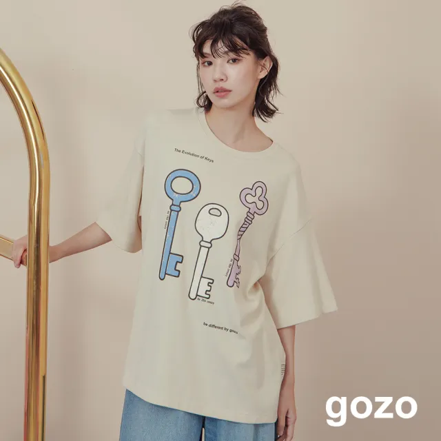 【gozo】鑰匙圖鑑斑紋印花下擺開衩T恤(兩色)