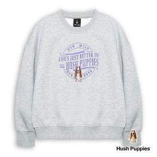 【Hush Puppies】女裝 上衣 經典品牌英文圓章刺繡狗落肩長袖上衣(麻灰 / 54210107)