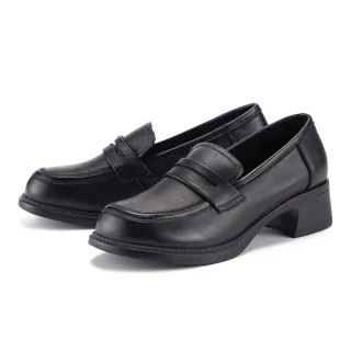 【MAGY】簡約百搭真皮中跟樂福鞋(黑色)