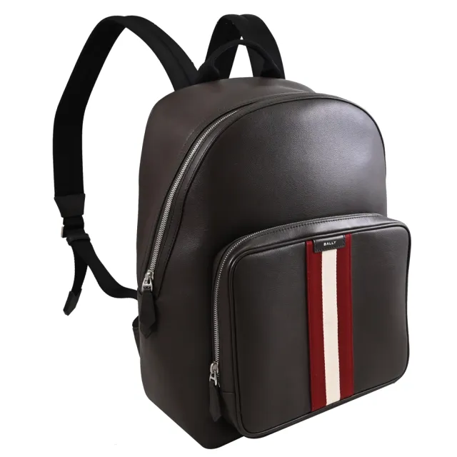 【BALLY】CODE BACK 經典紅白織帶小牛皮大商務包後背包(深咖)