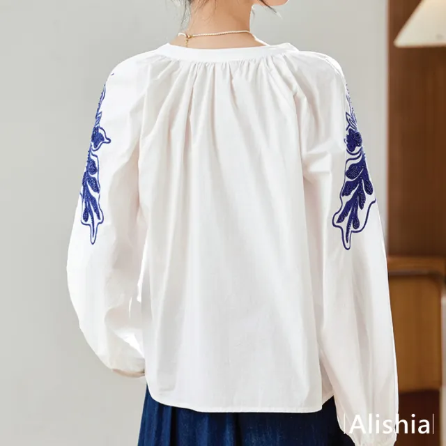 【Alishia】時尚典雅純棉繡花燈籠袖寬鬆上衣 M-XL(白色)