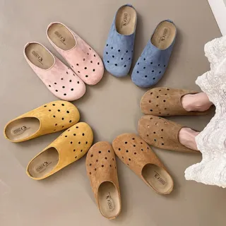 【baibeauty 白鳥麗子】百搭純色絨布洞洞圓頭厚底拖鞋(穆勒鞋)