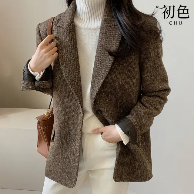 【初色】韓系商務風寬鬆正肩修身顯瘦長袖西裝外套女外套-共2色-16110(F可選)