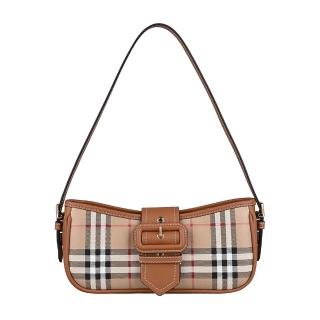 【BURBERRY 巴寶莉】BURBERRY Sling 內燙金LOGO格紋PVC拼小牛皮拉鍊肩背包(典藏米x石楠棕)