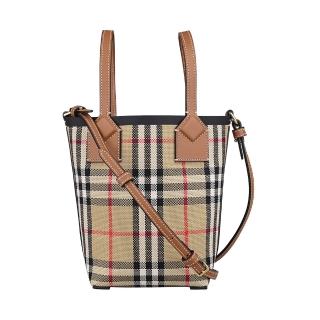 【BURBERRY 巴寶莉】BURBERRY London 皮革烙印LOGO格紋棉織布拼小牛皮開放式兩用托特包(迷你/典藏米)