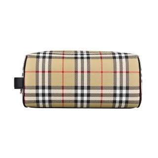 【BURBERRY 巴寶莉】BURBERRY Vintage 內印字LOGO格紋帆布拼小牛皮拉鍊手拿旅行盥洗包(典藏米)