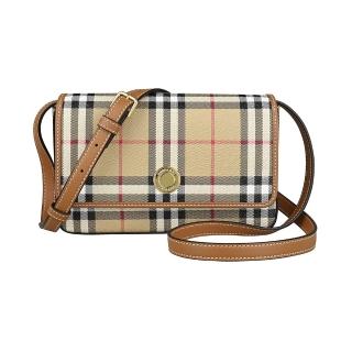 【BURBERRY 巴寶莉】BURBERRY Hampshire 字母金釦LOGO格紋帆布搭小牛皮吸釦斜背包(米格紋x棕)