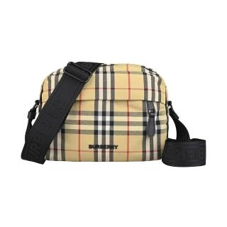 【BURBERRY 巴寶莉】BURBERRY Paddy 霧黑立體LOGO格紋尼龍搭小牛皮飾邊拉鍊斜背包(男款/典藏米)