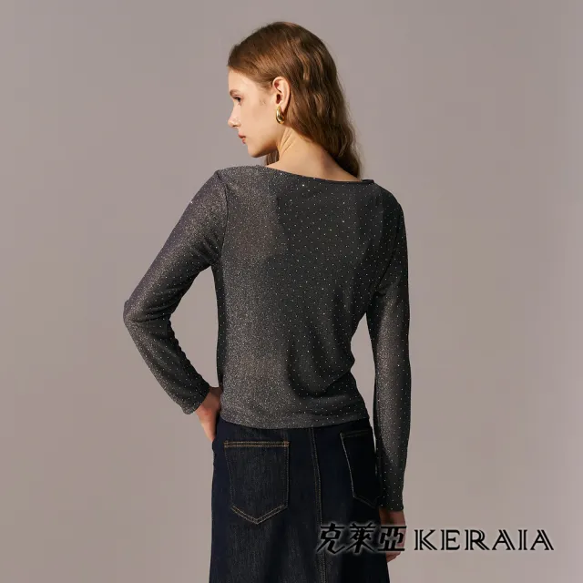 【KERAIA 克萊亞】魅力價-星塵軌跡燙鑽網紗抽皺上衣(兩色；M-XXL)