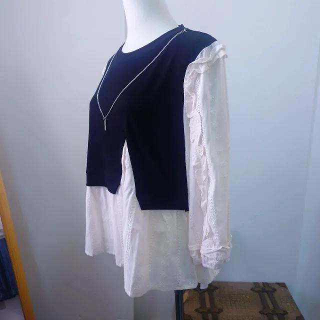 【YUTZUYA 優姿雅】銀鍊壓花黑白拼接層次上衣(七分袖/假兩件/可拆式配件/圓領/特色壓花)