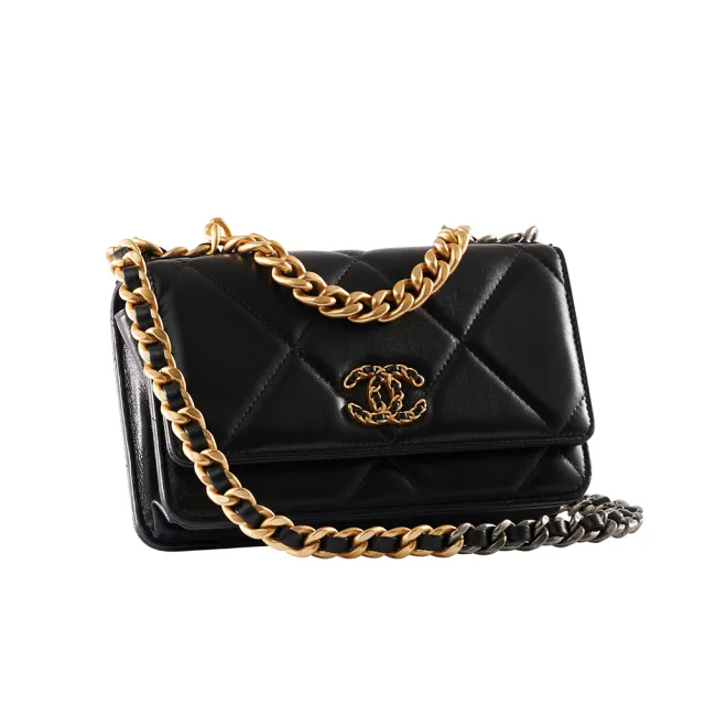 CHANEL 香奈兒】19系列經典菱格小羊皮WOC鏈帶手提肩背包(黑色/金釦) 