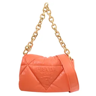 【PRADA 普拉達】品牌LOGO蓬鬆絎縫NAPPA軟皮革鍊條雙背帶兩用包(橙色)