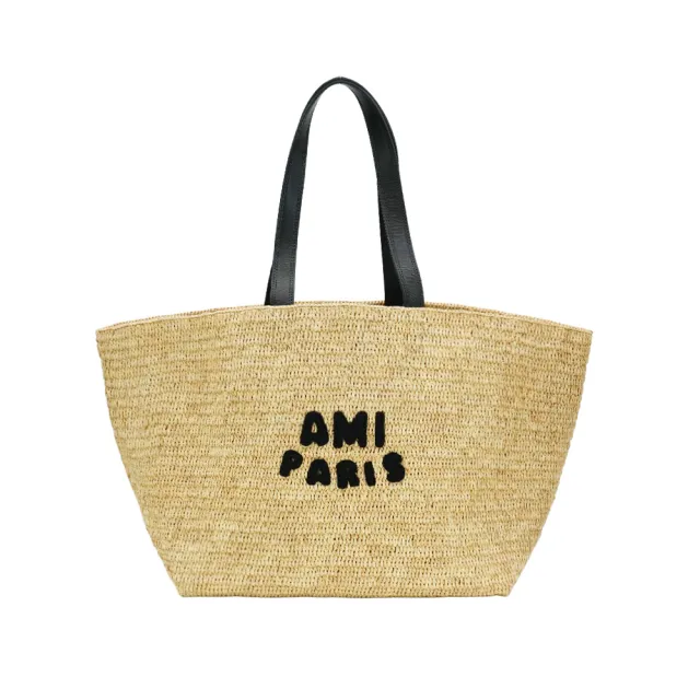 【AMI PARIS】立體黑logo草編肩背托特包(米/黑)
