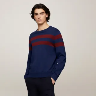 【TOMMY HILFIGER】官方旗艦館 條紋圓領針織毛衣_藍色