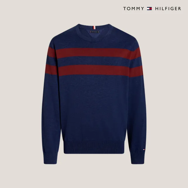 【TOMMY HILFIGER】官方旗艦館 條紋圓領針織毛衣_藍色