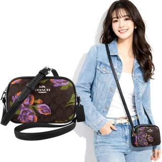 【COACH】JAMIE玫瑰花圖樣大C PVC斜背相機包(巧克力色)