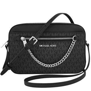 【Michael Kors】Jet Set Item 銀釦LOGO PVC方形鍊帶相機斜揹包(黑色)