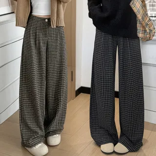 【NEW FORCE】輕雅格紋高腰直筒闊腿褲(寬褲/女長褲/休閒褲/保暖褲/褲裙/格子褲/直筒褲)