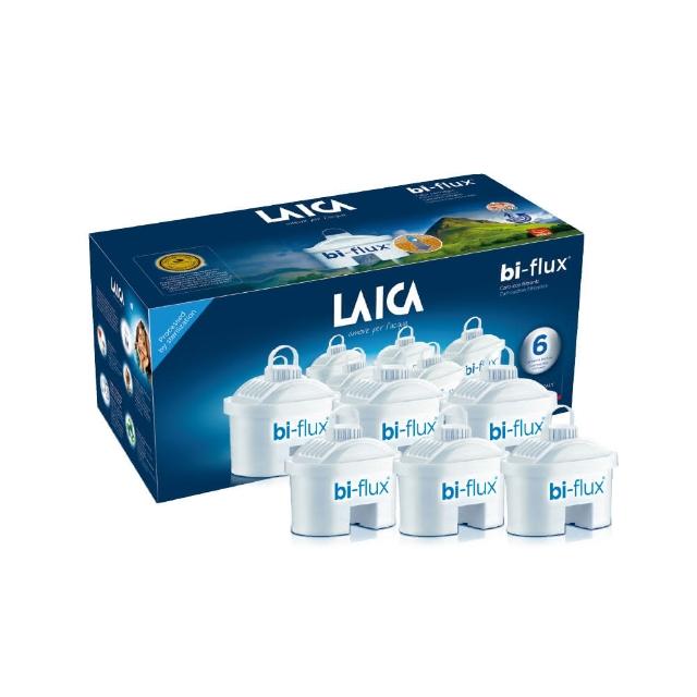 義大利LAICA萊卡推出全新雙流濾心6入bi-flux，採用專利酸鹼技術，有效去除有害物質，同時保留有益礦物質。導流設計符合人體工學，不易孳生細菌，濾杯結構精緻，活性碳不外漏，適合用於瞬熱飲水機與除菌濾水壺。建議每八週更換一次濾芯，以確保淨水效果。