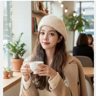 【HaNA 梨花】首爾 Garosu-gil 溫柔奶系冬日感造型仿兔毛貝蕾帽(貝雷帽 仿兔 百變穿搭)