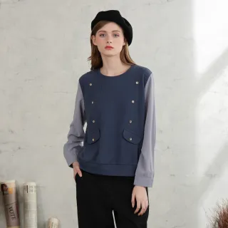 【CUMAR】雪紡袖片拼接雙排釦上衣(藍 米 紫/魅力商品)