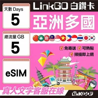 【LINKGO】白鑽卡 亞洲多國 eSIM卡 5天上網絡卡 總流量5GB(亞洲11國網卡 日韓中澳泰越新馬印柬菲 虛擬卡)