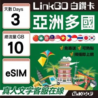 【LINKGO】白鑽卡 亞洲多國 eSIM卡 3天上網絡卡 總流量10GB(亞洲11國網卡 日韓中澳泰越新馬印柬菲 虛擬卡)