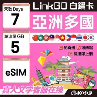 【LINKGO】白鑽卡 亞洲多國 eSIM卡 7天上網絡卡 總流量5GB(亞洲11國網卡 日韓中澳泰越新馬印柬菲 虛擬卡)
