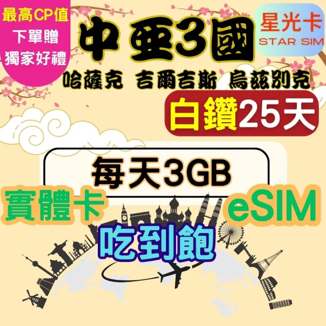【Star SIM 星光卡】白鑽中亞 哈薩克斯坦 吉爾吉斯坦 烏茲別克斯坦25天每天3GB 吃到飽(實體卡  eSIM)