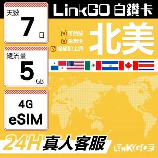【LINKGO】白鑽卡 北美 eSIM卡 AT&T/Verizon 7天總流量5GB(北美網絡卡 美國 加拿大 墨西哥 巴拿馬)